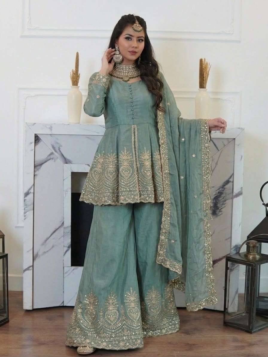 Green Fendy Silk Real Mirror Embroidery Sequence Work Salwar Set